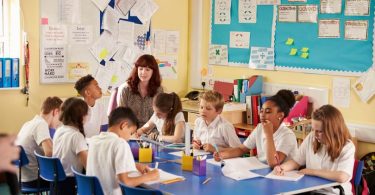 A female teacher with here students in the classroom